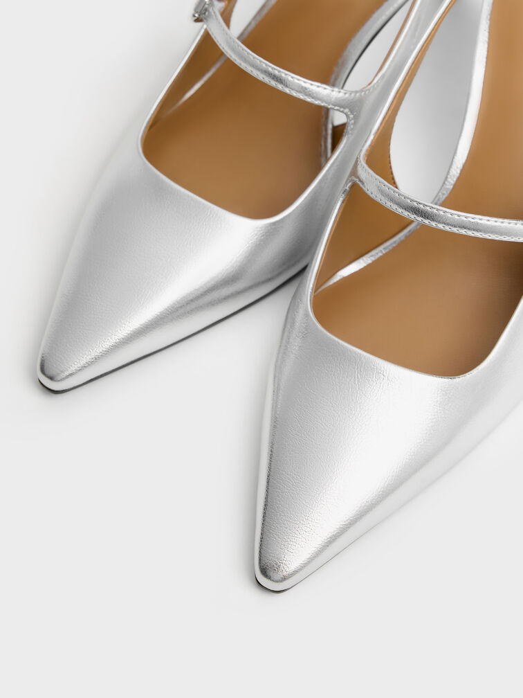 Metallic Pointed Slingback Mary Jane Pumps, Silver, hi-res