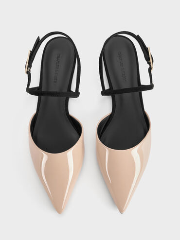 Sepatu Flats Pointed-Toe Slingback Luciana Faux Suede Patent, Nude, hi-res