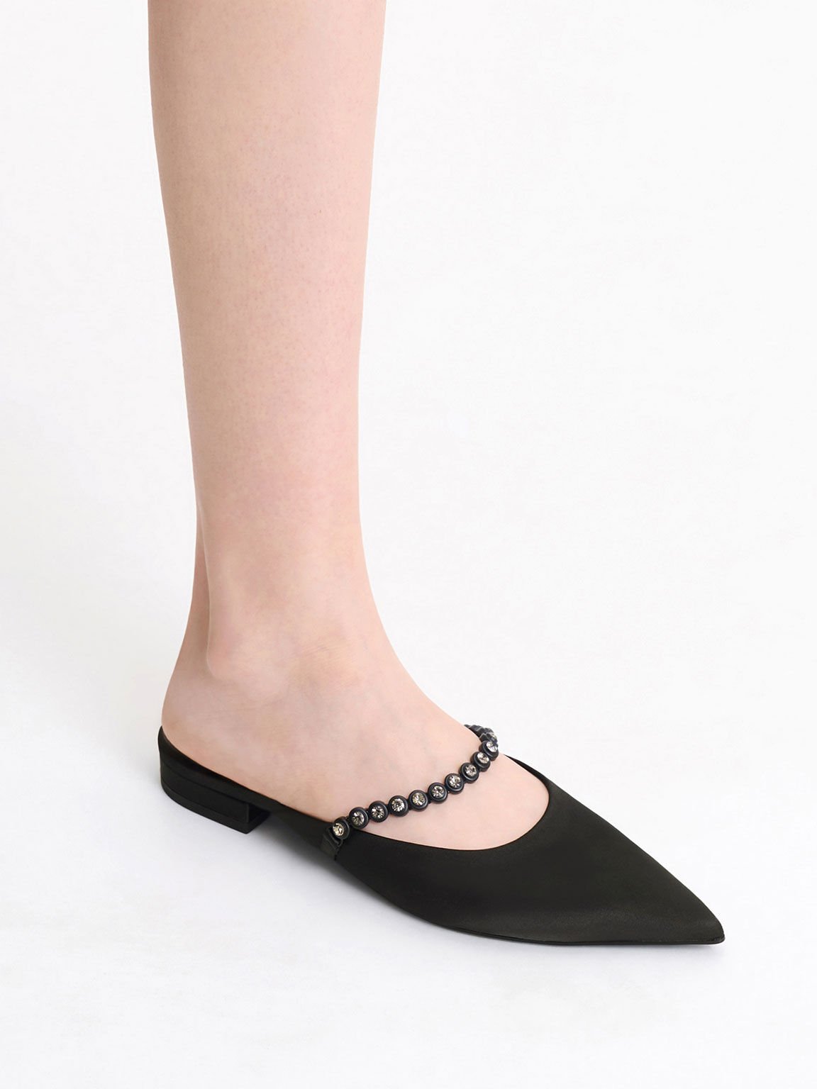 Sepatu Flat Mules Gem-Strap, Black, hi-res