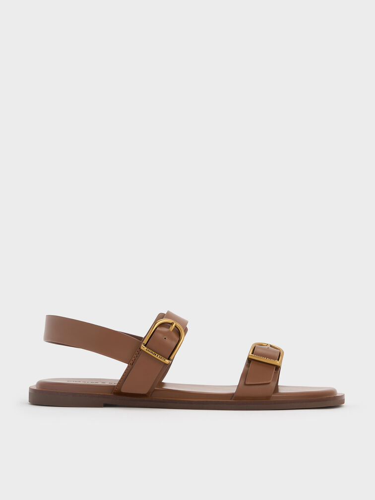 Double Buckle-Strap Slingback Sandals, Brown, hi-res