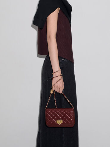 Tas Clutch Push-Lock Quilted Cressida, Burgundy, hi-res
