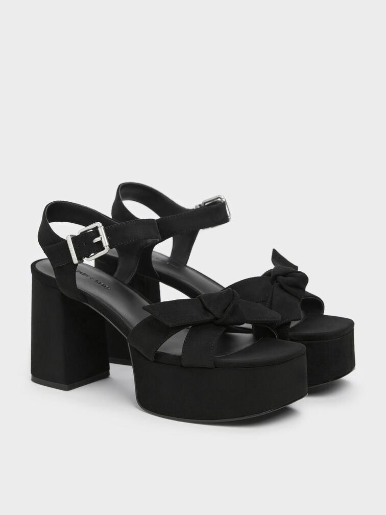 Sandal Platform Knot-Bow Anika Faux Suede, Black Textured, hi-res