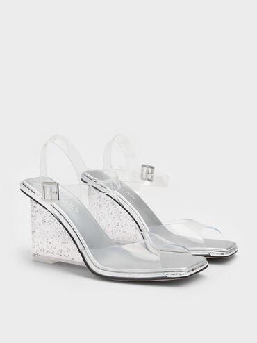 See-Through Speckled-Heel Ankle-Strap Wedges, White, hi-res
