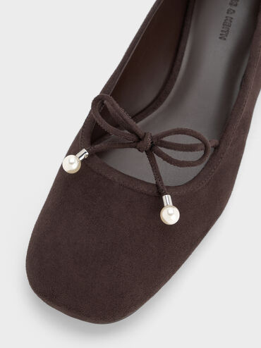 Barbara Faux Suede Pearl-Embellished Bow Ballet Pumps, Dark Brown Textured, hi-res