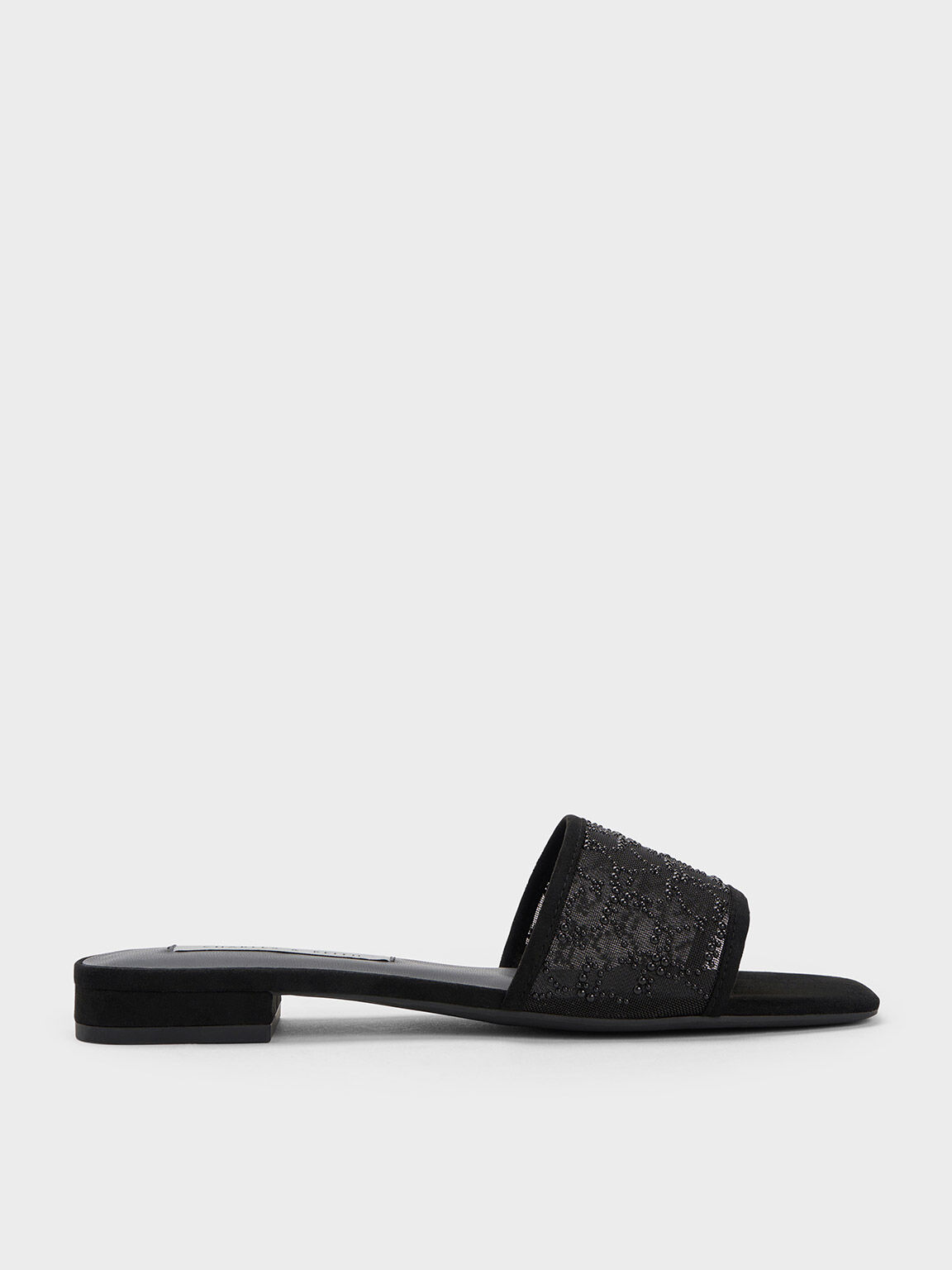 Bead-Embellished Mesh Flat Sandals, Black, hi-res