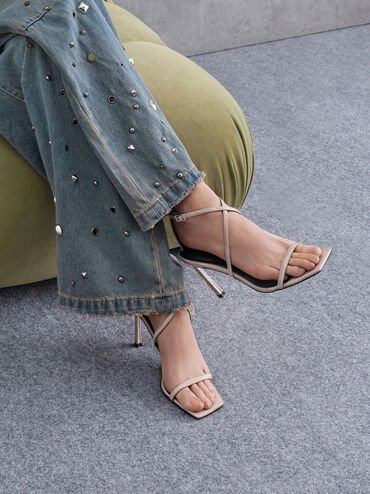 Patent Strappy Heeled Sandals, Taupe, hi-res