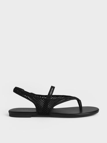 Sandal Slingback Thong Mesh Ellory, Black Textured, hi-res