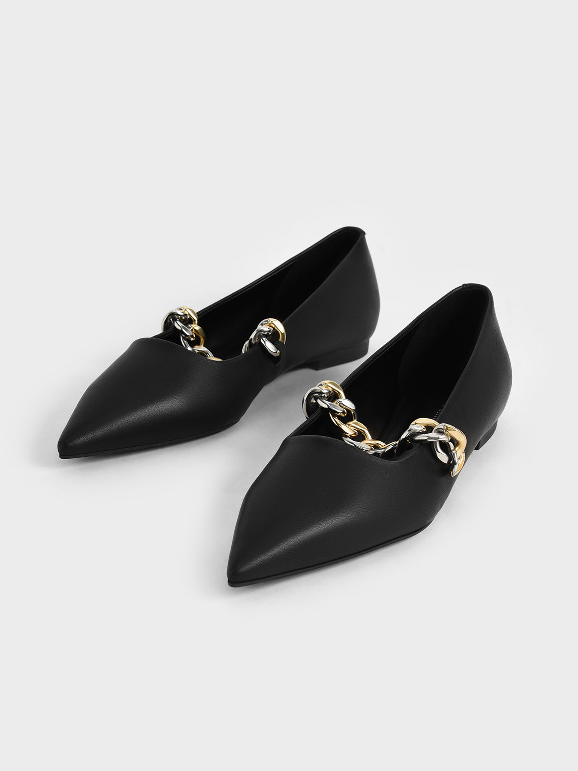 Sepatu Mary Jane Flats Chunky Chain-Link, Black, hi-res