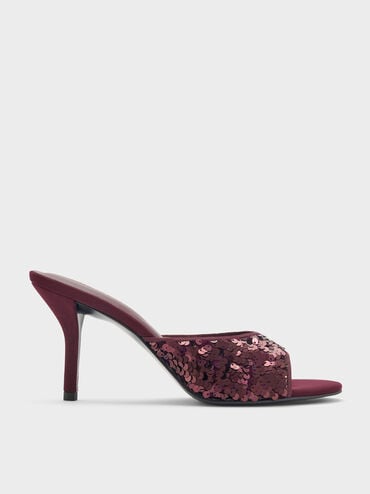 Sepatu Mules Stiletto-Heels Sequinned, Burgundy, hi-res