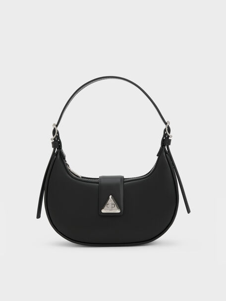 Tas Bahu Trice Metallic Accent Belted, Noir, hi-res