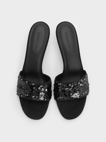 Sepatu Mules Heeled Ruthie Sequinned, Black Textured, hi-res