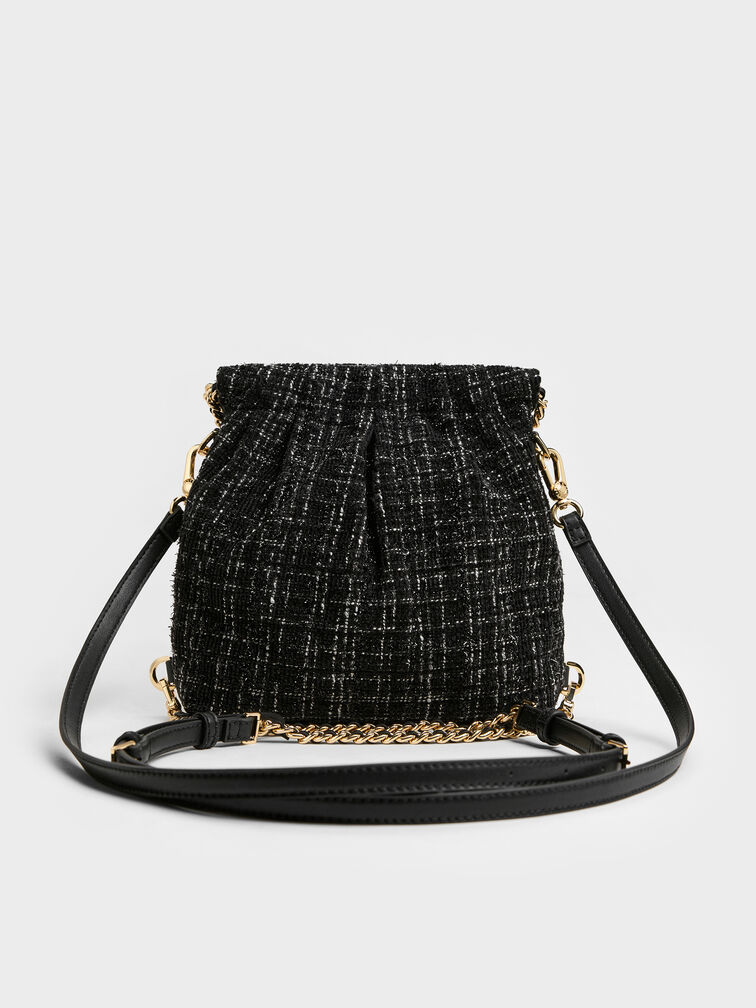 Tas Ransel Two-Way Chain-Handle Tweed Duo, Black Tweed, hi-res