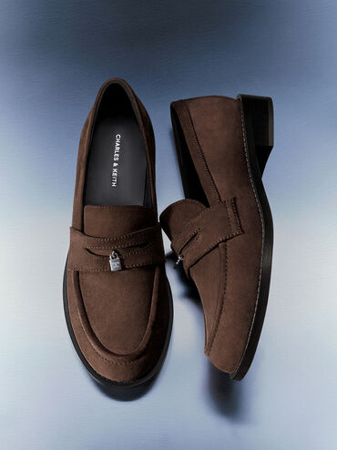 Sepatu Loafers Griselda Faux Suede, Dark Brown Textured, hi-res