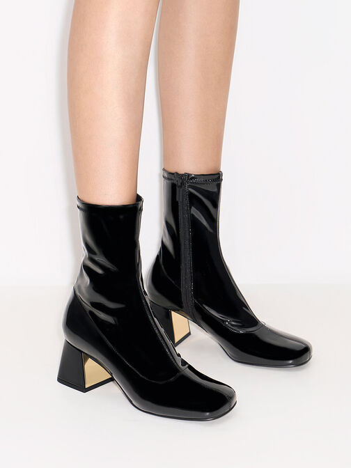 Sepatu Ankle Boots Patent Metallic Trapeze Heel, Black Patent, hi-res