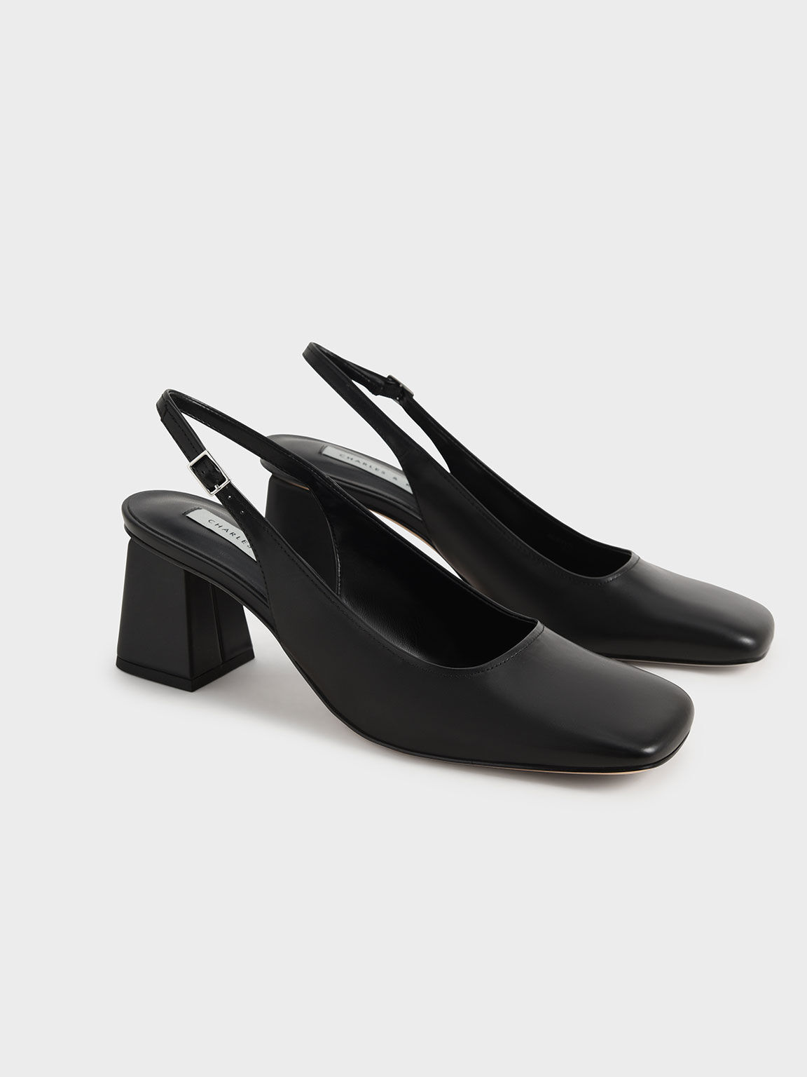 Sepatu Slingback Pumps Block Heel Square-Toe, Black, hi-res
