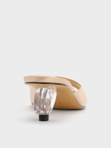 Sepatu Mules Crystal-Heel Satin, Gold, hi-res
