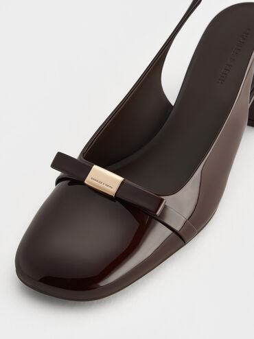 Sepatu Slingback Pumps Block-Heel Patent Bow Dorian, Dark Brown, hi-res