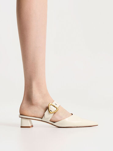 Sepatu Heeled Mules Sepphe Metallic Buckle Pointed-Toe, Cream, hi-res