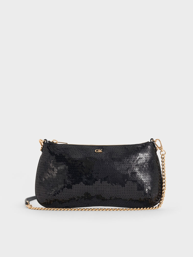 Tas Bahu Mesh & Leather Sequin, Black, hi-res