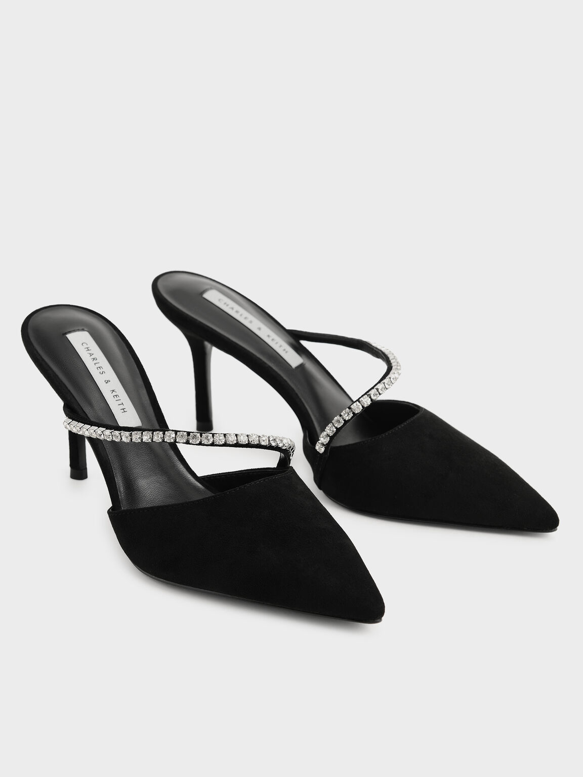 Sepatu Mules Gem-Encrusted Textured Stiletto, Black, hi-res