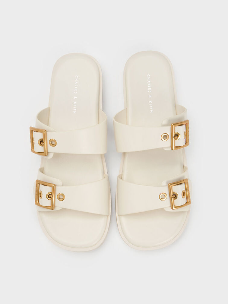 Buckled Double Strap Slide Sandals, White, hi-res