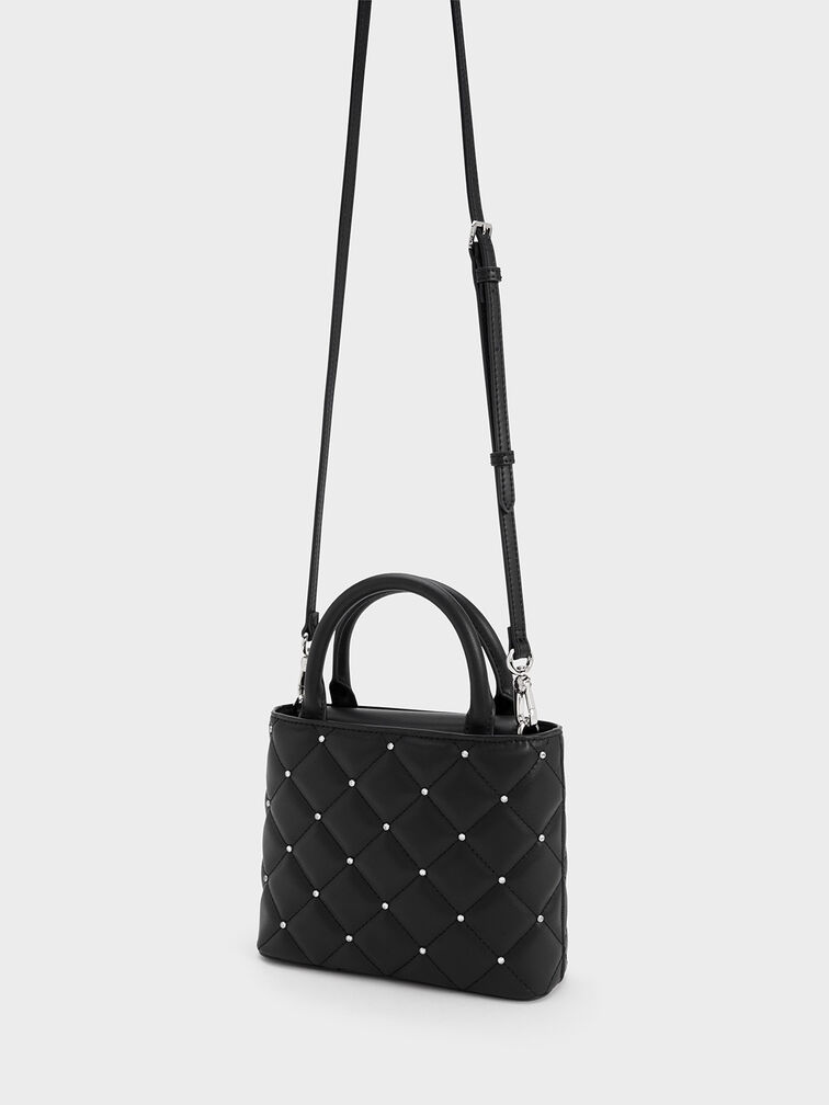 Gem-Embellished Padded Tote Bag, Black, hi-res