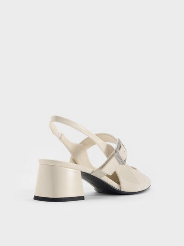 Patent Crystal-Buckle Block-Heel Slingback Pumps, Chalk, hi-res