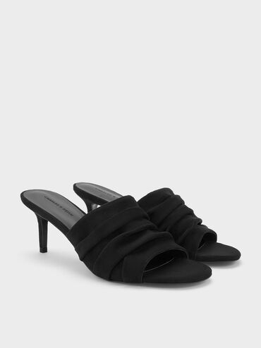 Sepatu Mules Heeled Ruched Faux Suede, Black Textured, hi-res