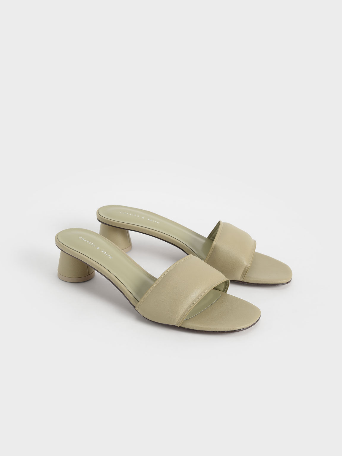 Puffy Cylindrical Heel Mules, Taupe, hi-res