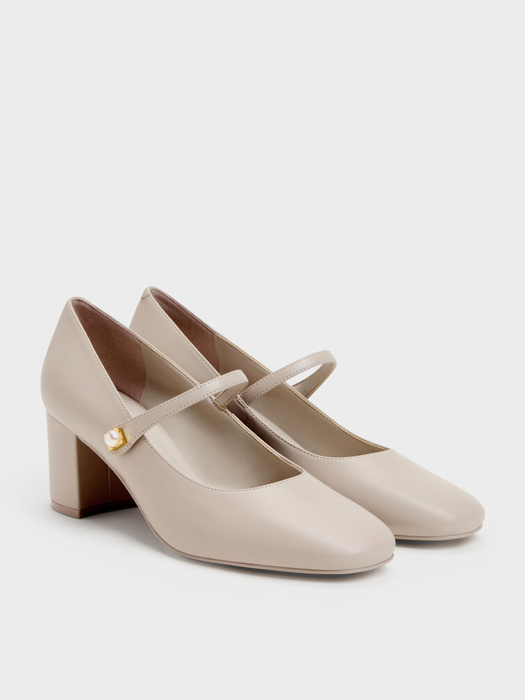 Sepatu Pumps Mary Jane Pearl Marie, Taupe, hi-res