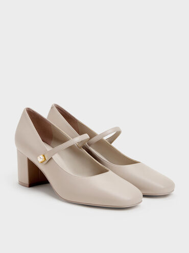 Sepatu Pumps Mary Jane Pearl Marie, Taupe, hi-res