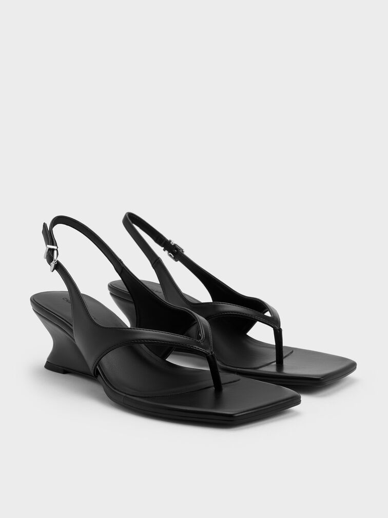 Sepatu Wedges Thong Slingback, Black, hi-res