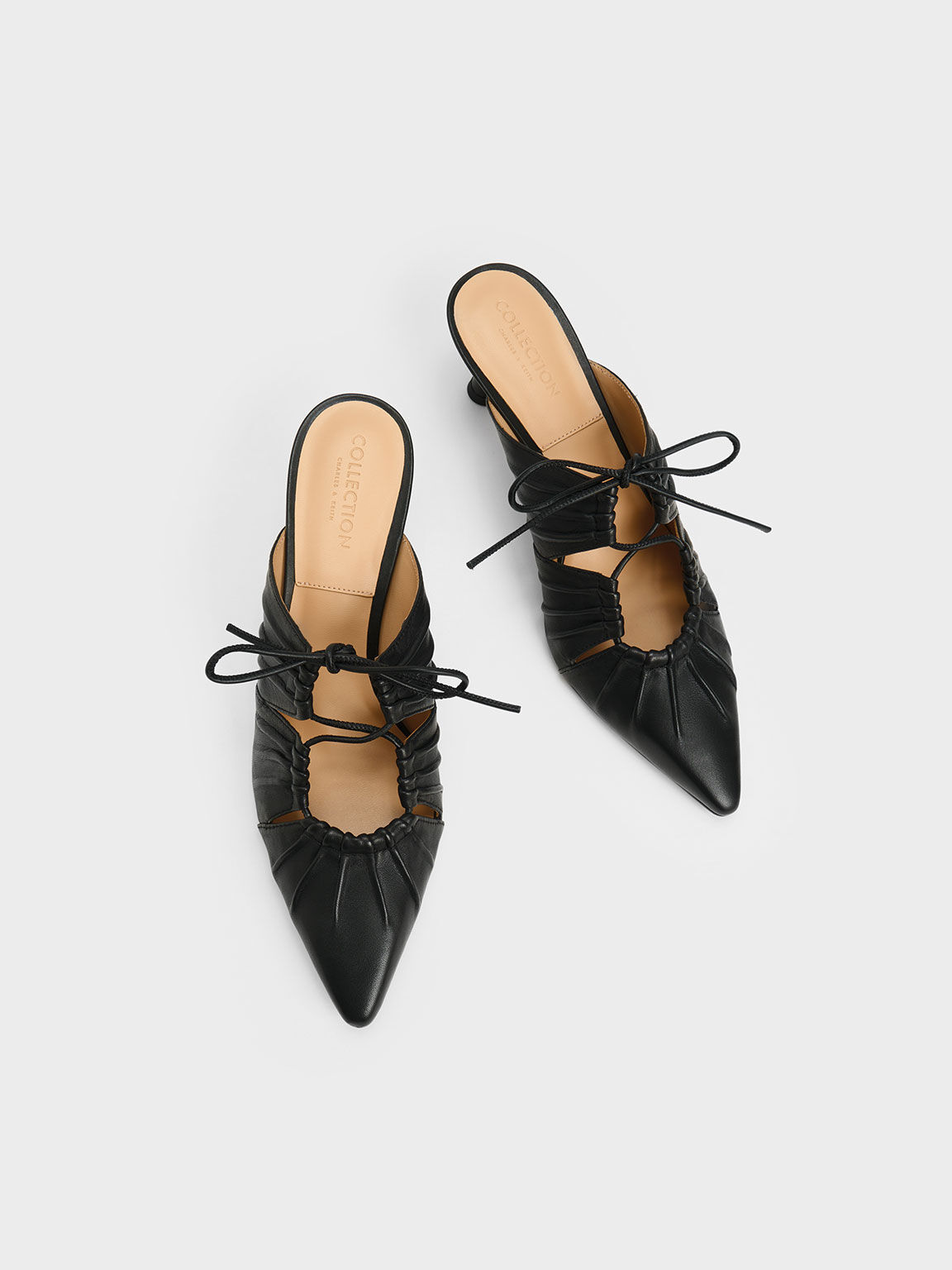 Sepatu Mules Landis Leather Ruched Bow-Tie, Black, hi-res