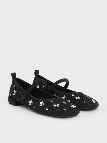 Tweed Flower-Embellished Mary Janes, Black Textured, hi-res