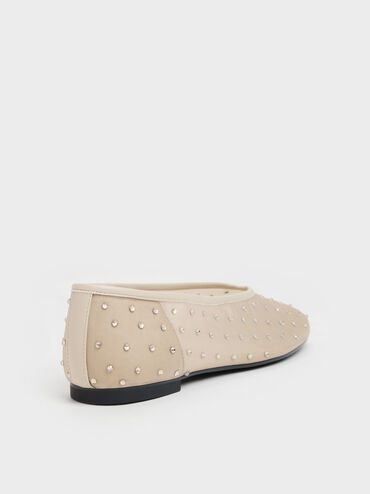 Sepatu Flats Ballet Crystal Mesh, Beige, hi-res