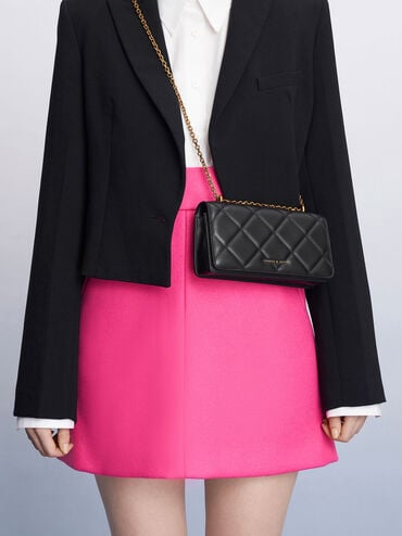 Dompet Panjang Chain-Handle Quilted Paffuto, Black, hi-res