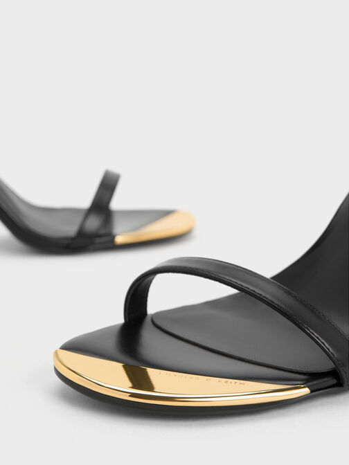 Sandal Ankle-Strap Heeled Metallic Cap, Black, hi-res