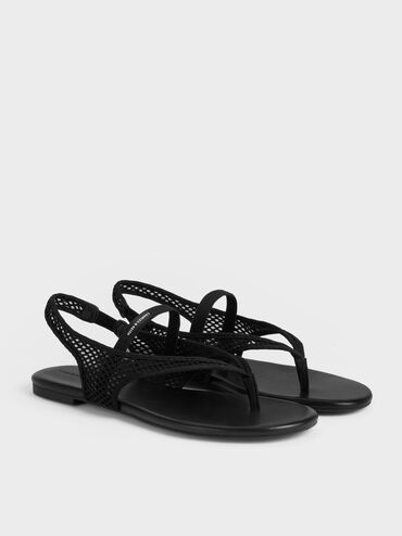 Sandal Slingback Thong Mesh Ellory, Black Textured, hi-res