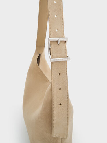 Larsen Recycled Suede Buckle-Strap Hobo Bag, Nutmeg Beige, hi-res
