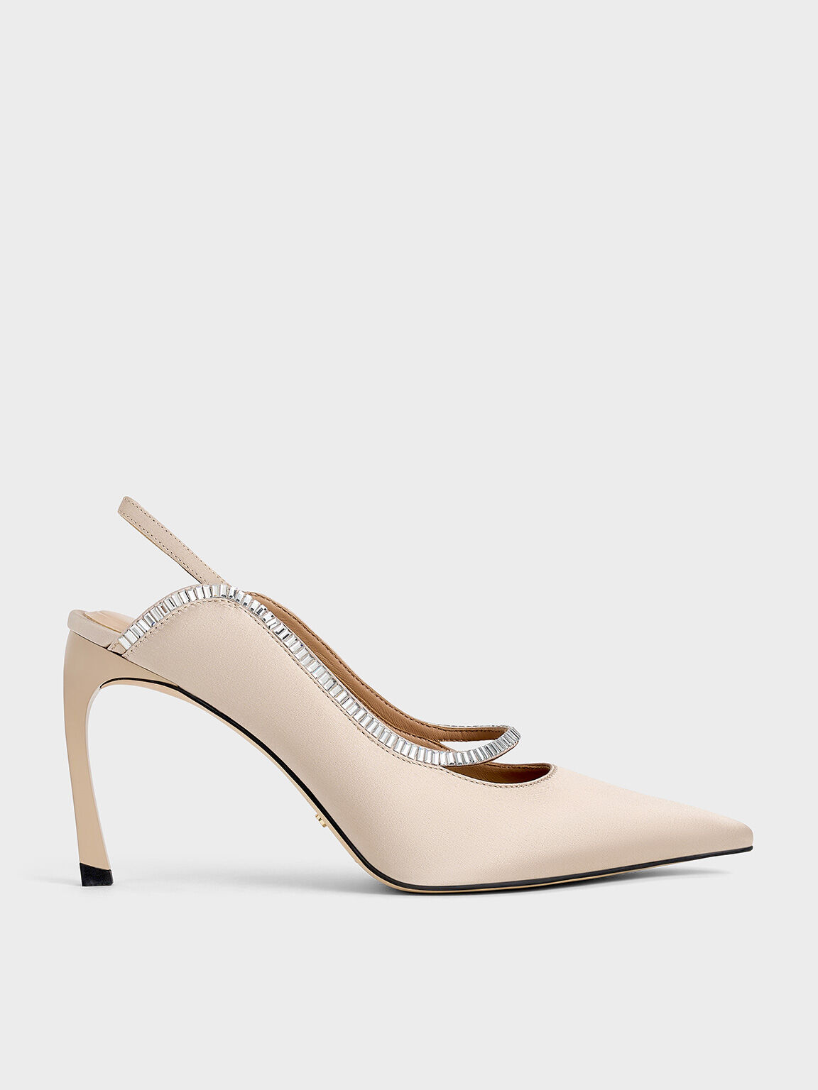 Champagne Recycled Polyester Crystal-Embellished Pointed-Toe Slingback Pumps  - CHARLES & KEITH ID