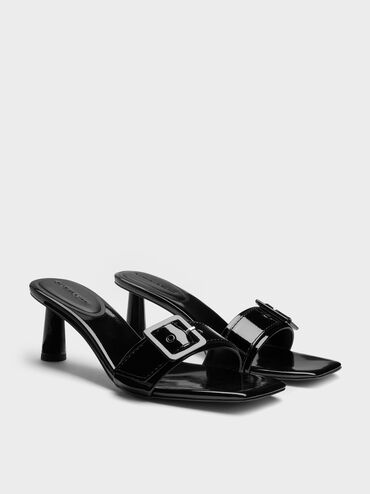 Sepatu Mules Heeld Buckle Strap Patent, Black Patent, hi-res