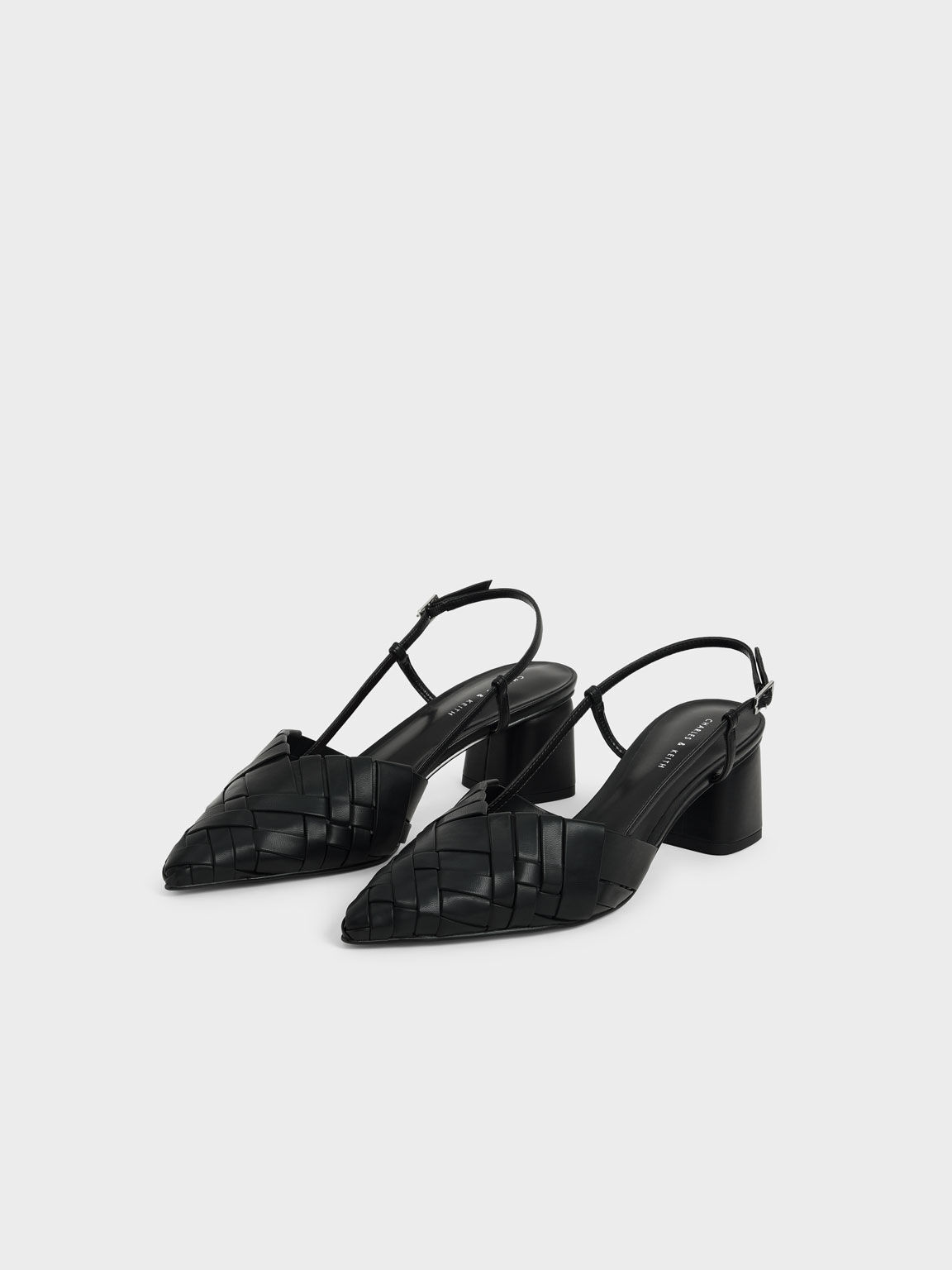 Sepatu Woven Slingback Pumps, Black, hi-res