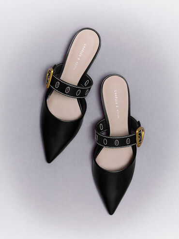 Sepatu Heeled Mules Sepphe Metallic Buckle Pointed-Toe, Black, hi-res