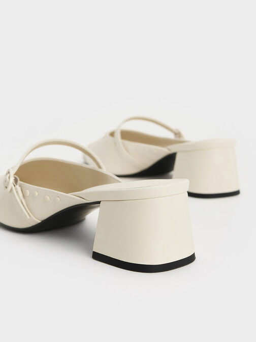 Sepatu Mules Studded Pointed-Toe Block Heel, Chalk, hi-res