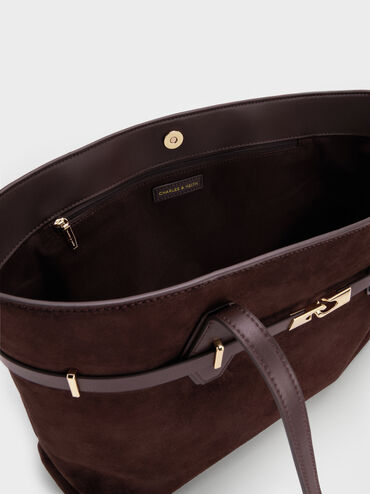 Arlet Recycled Suede Double-Handle Belted Tote Bag, Espresso Brown, hi-res