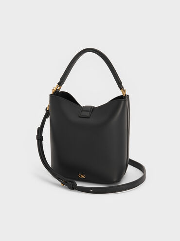 Tas Bucket Top-Handle Belted Gabine Leather, Black, hi-res