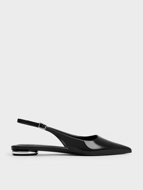 Sepatu Slingback Flats Patent Pointed-Toe, Black Patent, hi-res