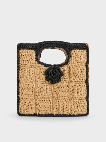 Tas Top Handle Flower Raffia, Multi, hi-res