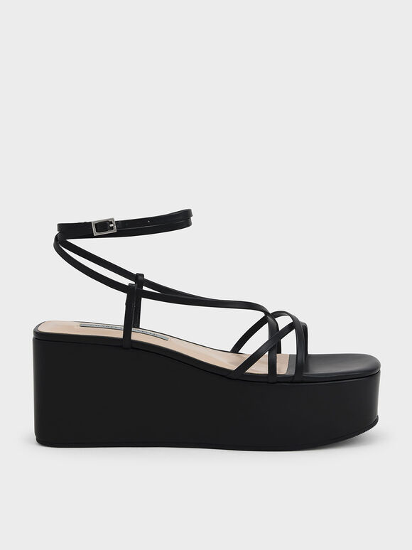 Sepatu Wedges Platform Ankle Strap, Black, hi-res