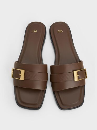 Whitney Leather Slide Sandals, Dark Brown, hi-res